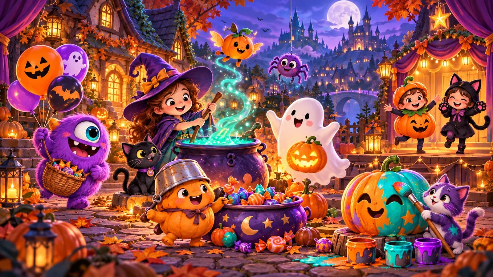 Gry halloweenowe z sympatycznymi duchami, kolorowymi dyniami i kreatywnymi aktywnościami